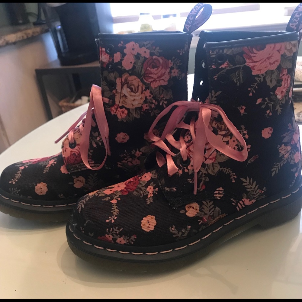Dr. Martens Black Floral Combat Boots with Pink Accents